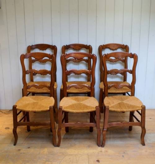 Set of Six Solid Cherrywood Rush Seated Farmhouse Chairs