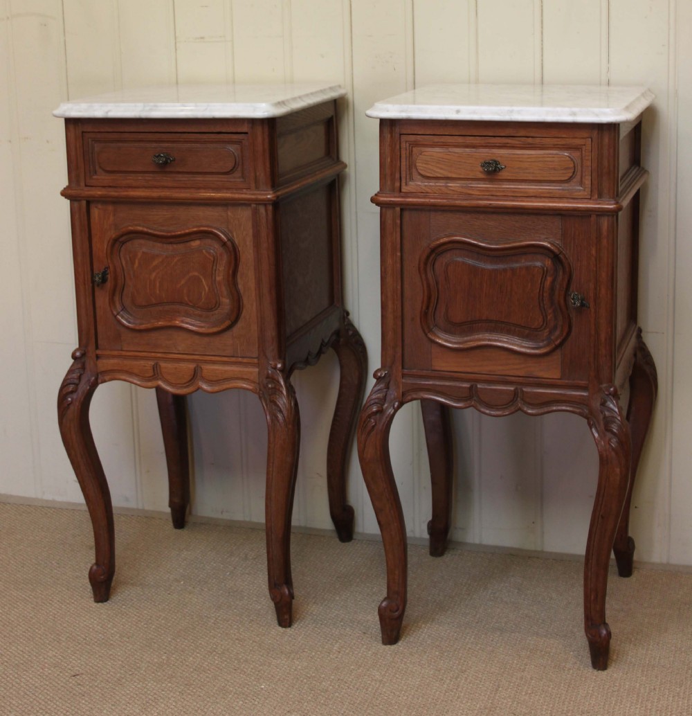 French Oak Marble Top Bedside Cabinets