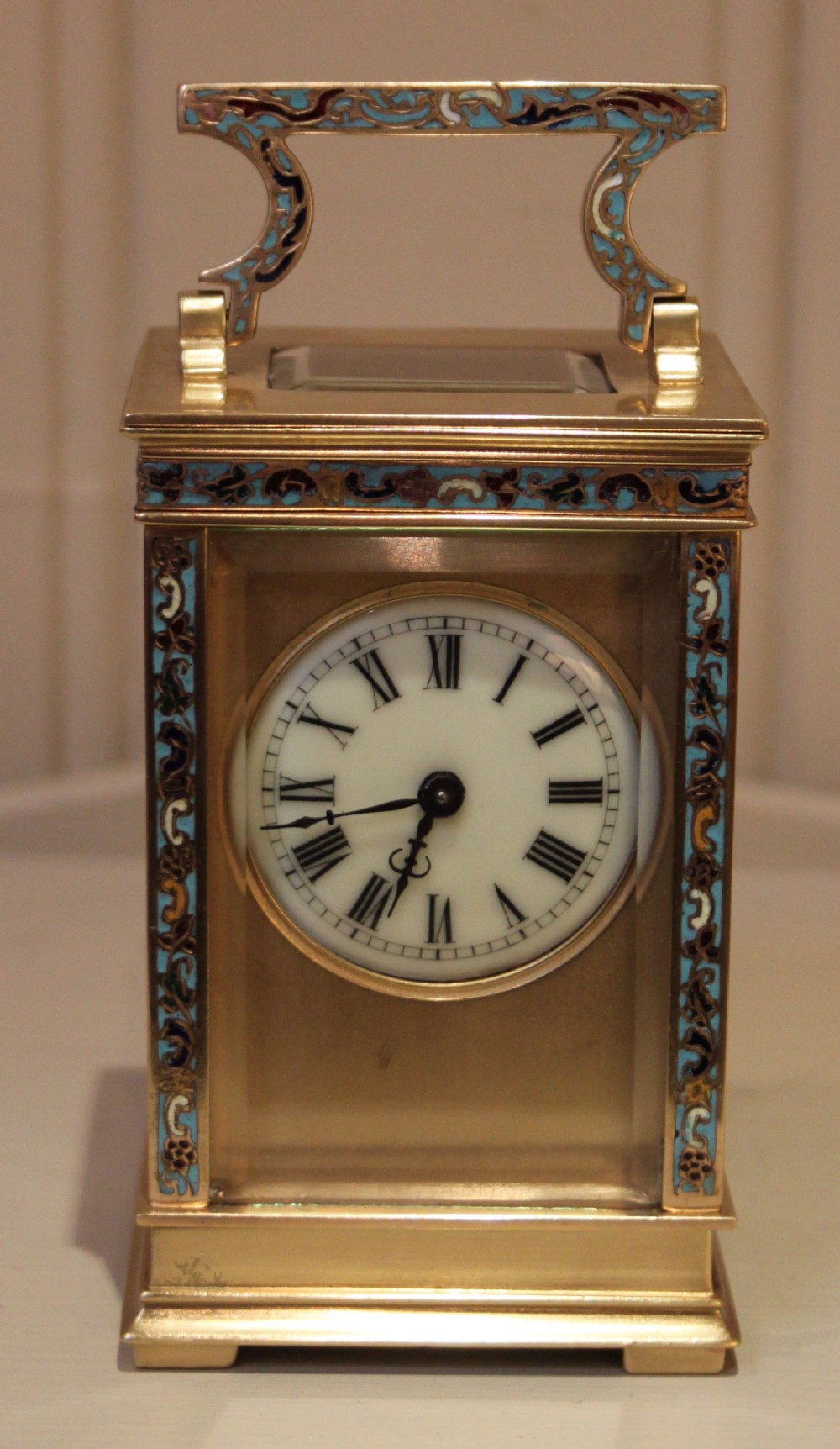 Brass and Champleve Enamel Timepiece Carriage Clock 