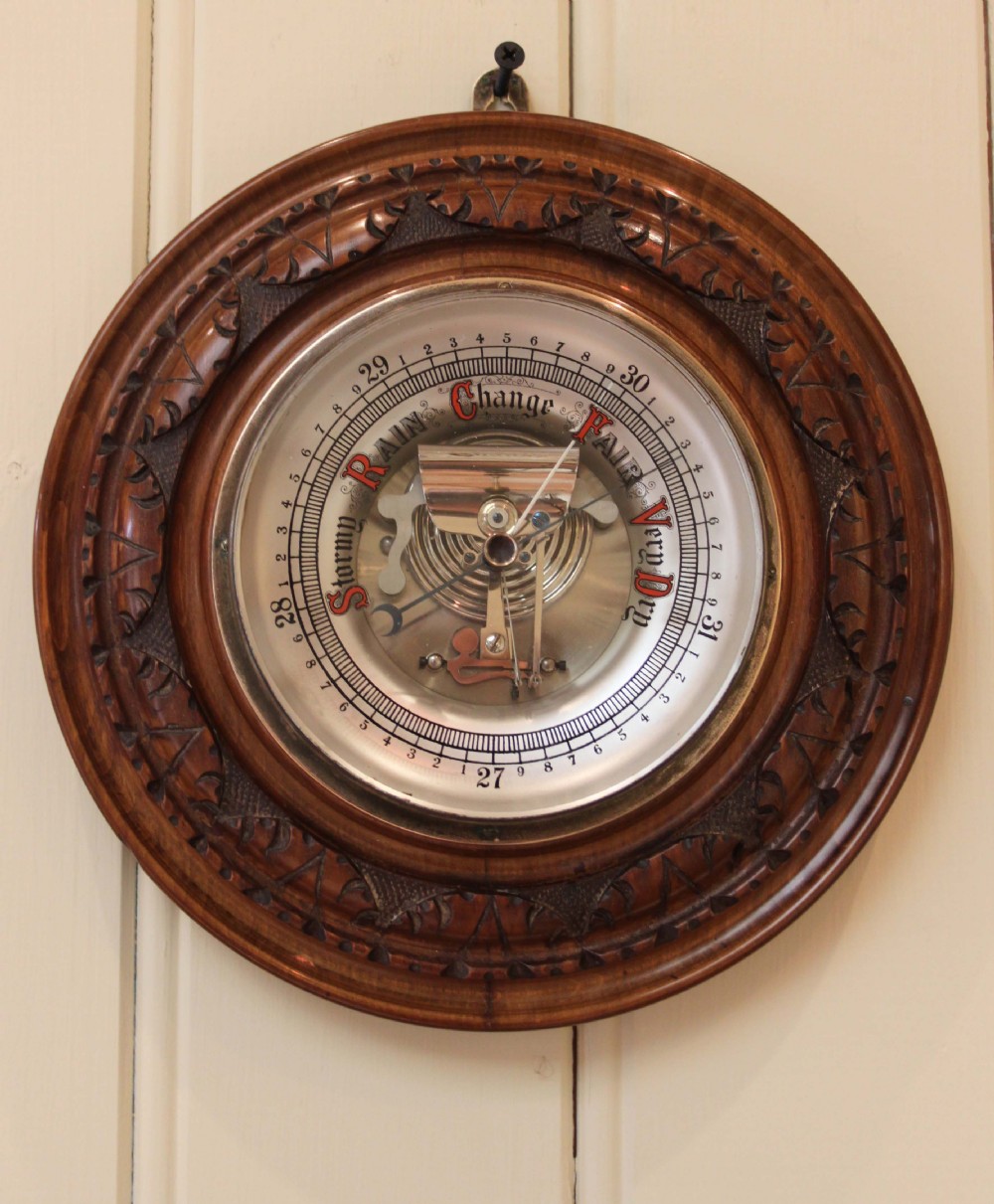 Circular Carved Beechwood Aneroid Barometer