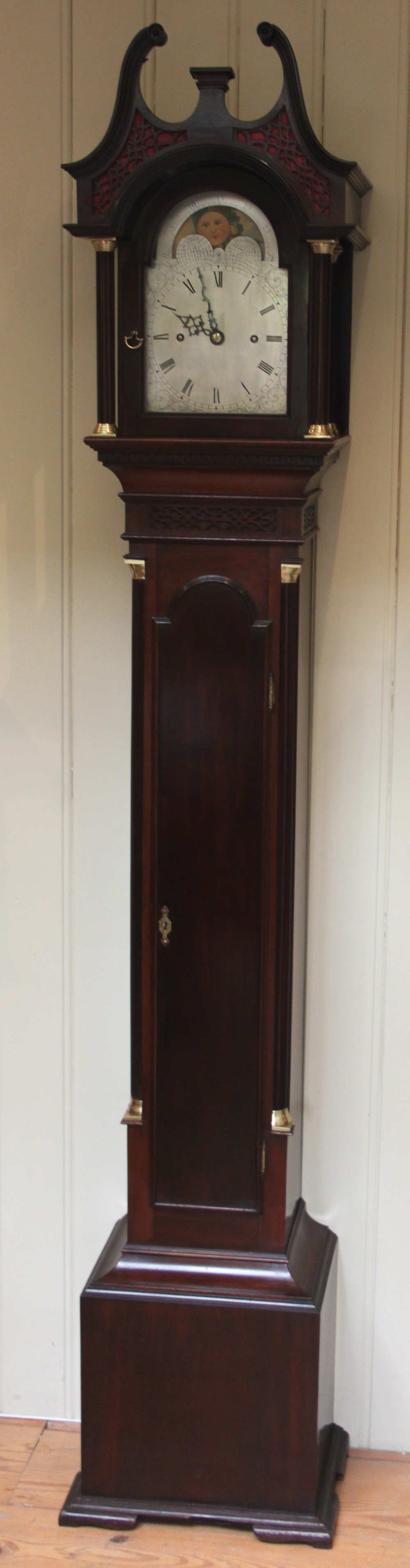 Fine Small Mahogany Moonroller Longcase Clock