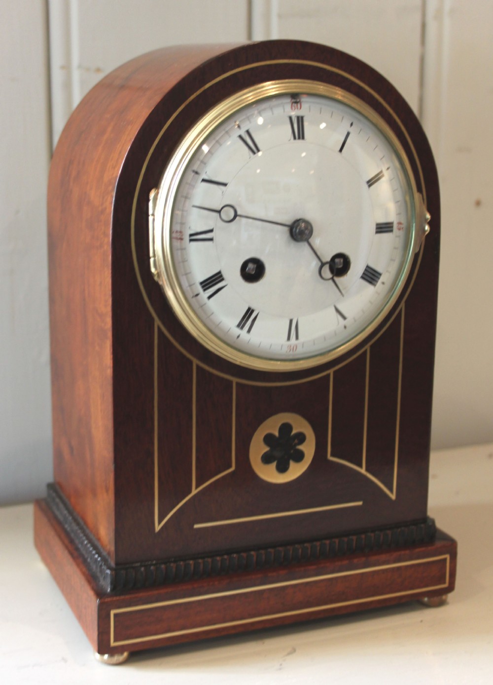 Mahogany Arch Top and Brass Inlay Mantel Clock