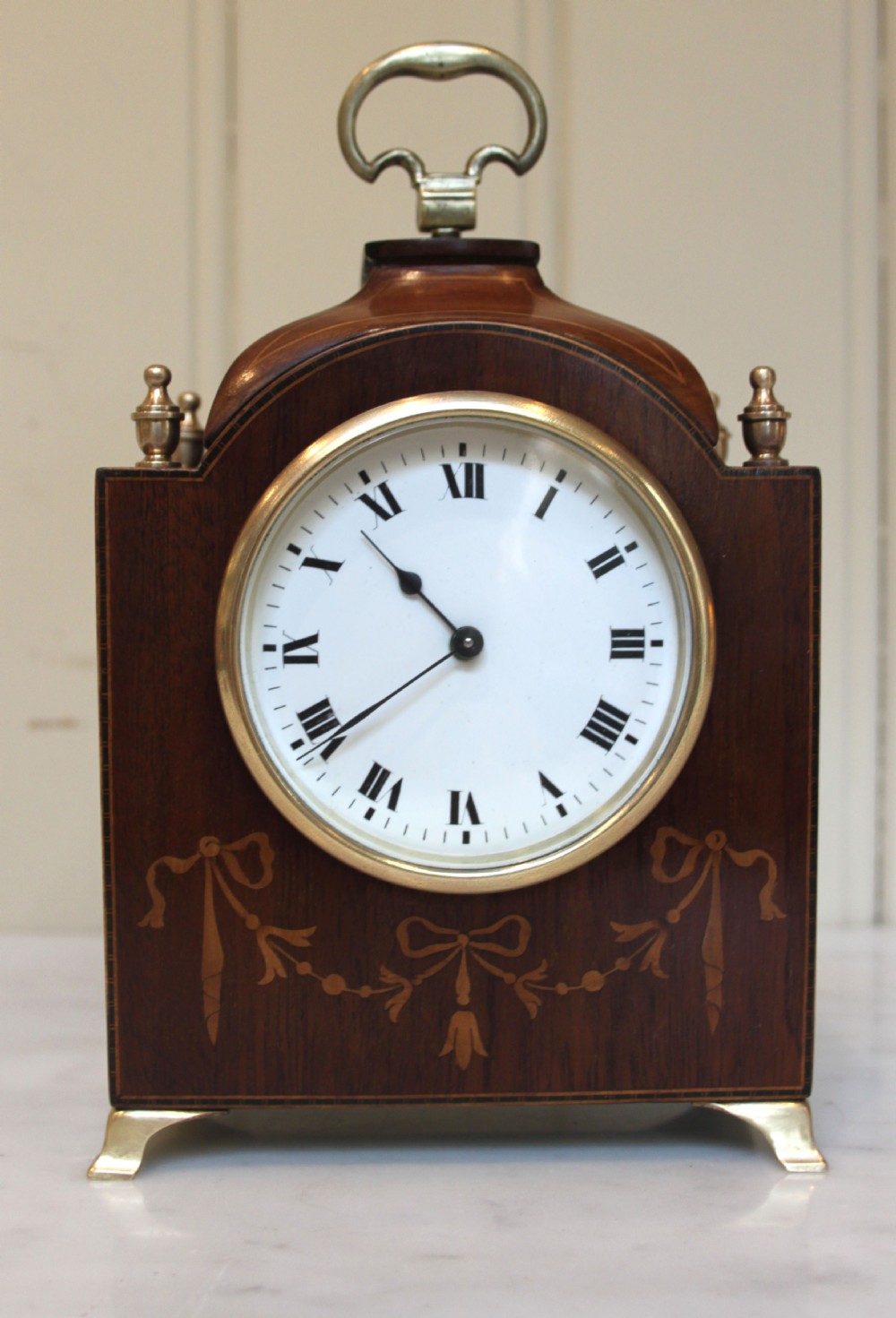 Edwardian Mahogany and Inlay Miniature Timepiece Bracket Clock    