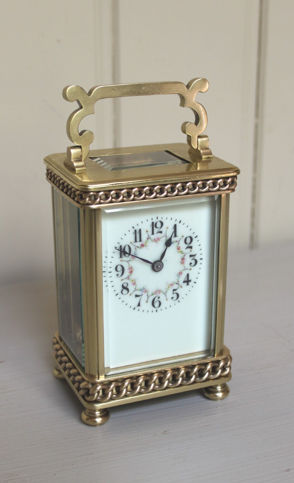 Edwardian Floral Dial Brass Carriage Clock with Case