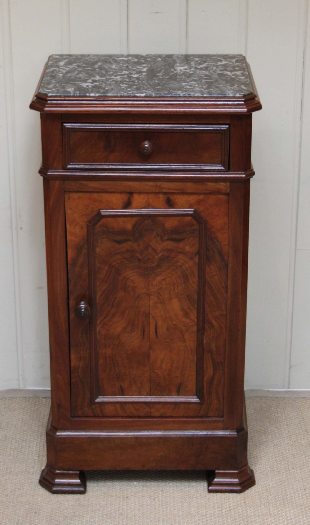 French Walnut Marble Top Bedside Cabinet 