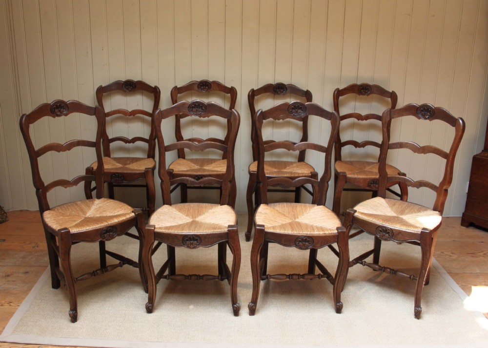 Set Of Eight French Oak Rush Seat Dining Chairs 