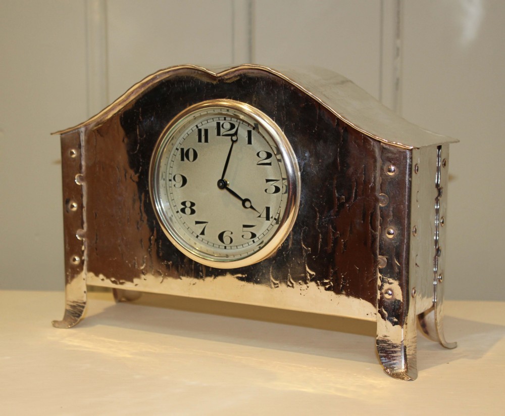 Unusual Silver Plated Arts And Crafts Mantel Clock 