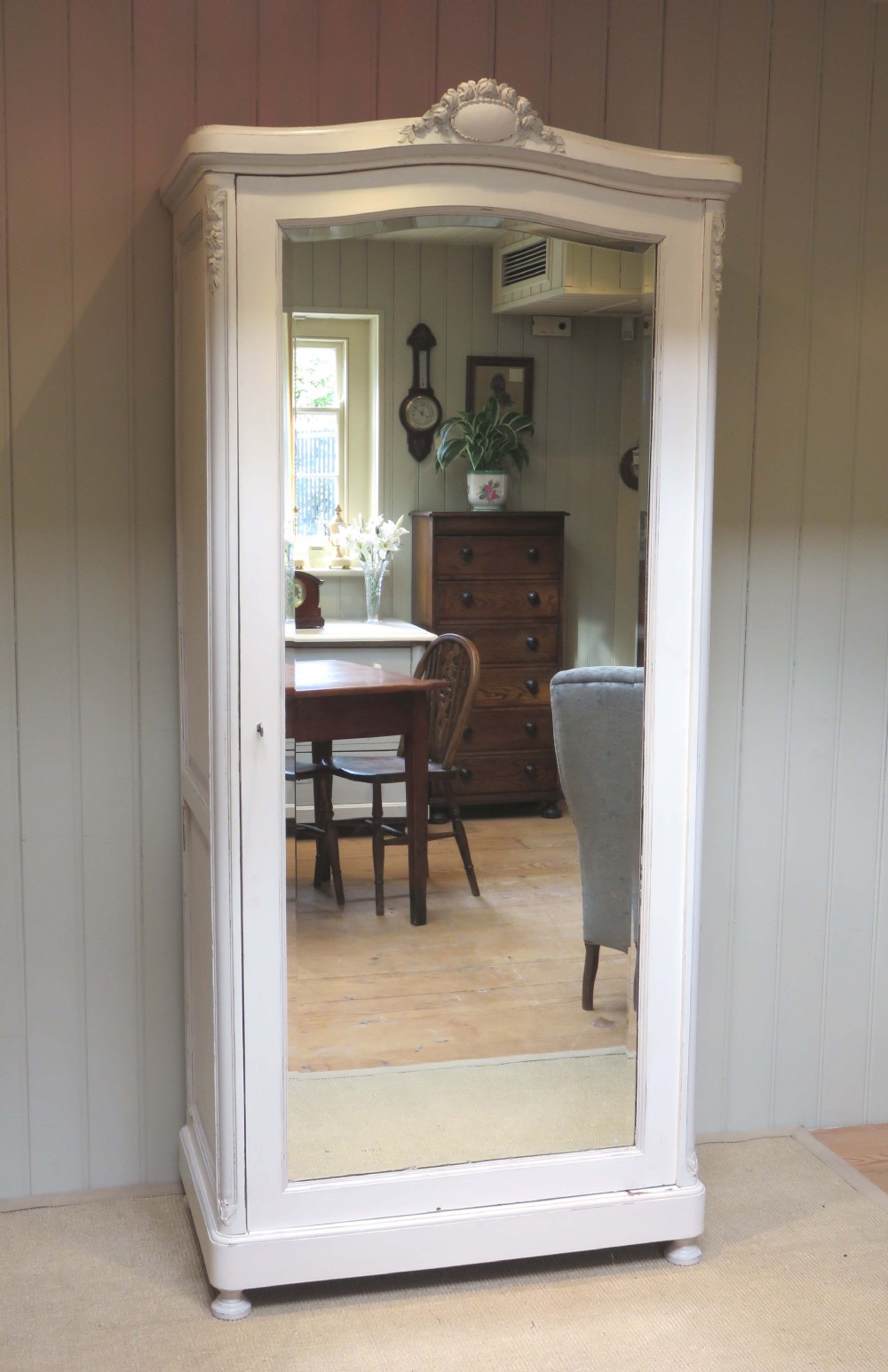 French Painted Single Mirrored Door Armoire 