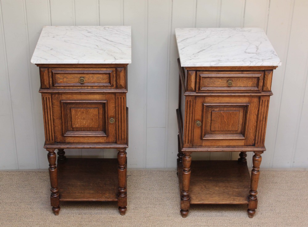 Pair Of Marble Top Oak Bedside Cabinets