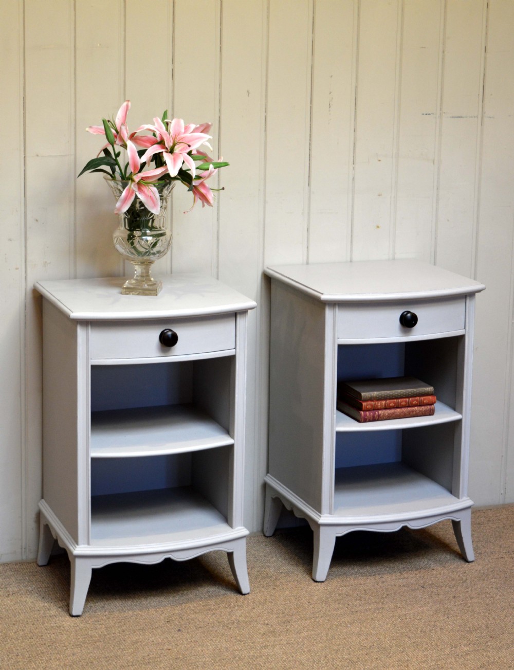 Pair Of Painted Bow Front Bedside Cabinets 