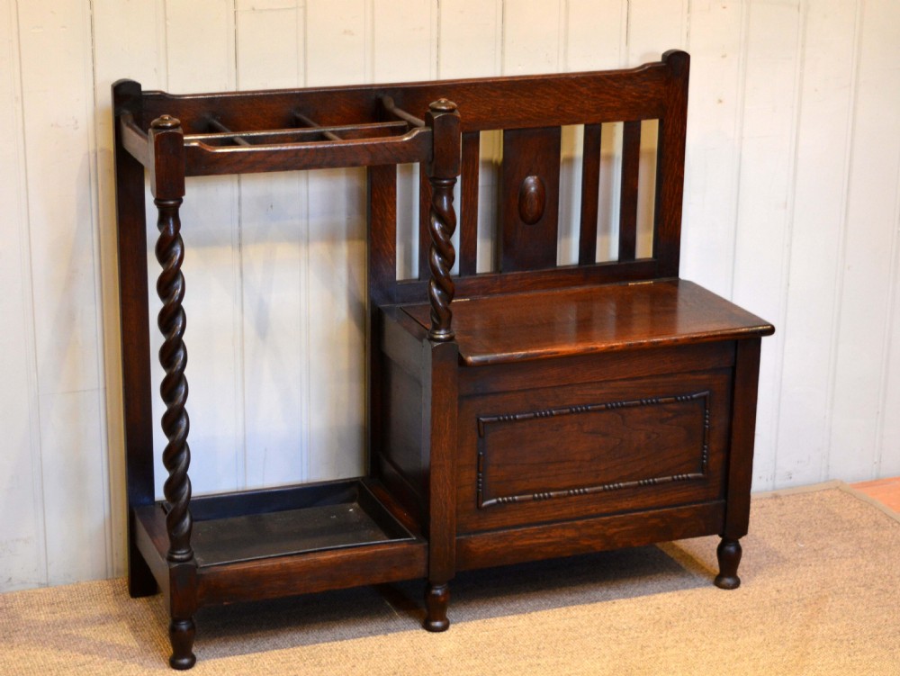 Solid Oak Hall Seat With A Stick Stand