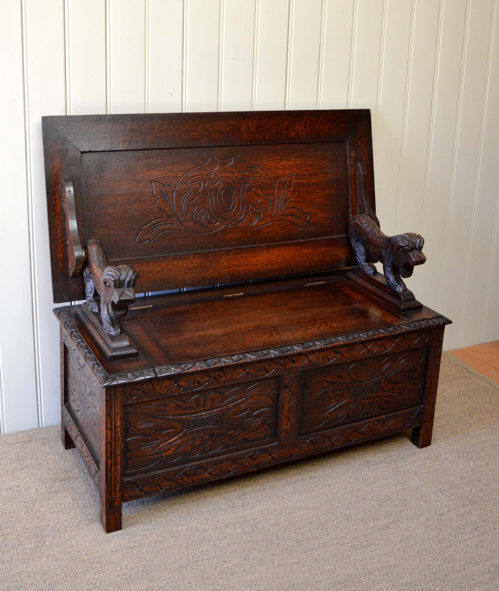 Carved Oak Monks Bench