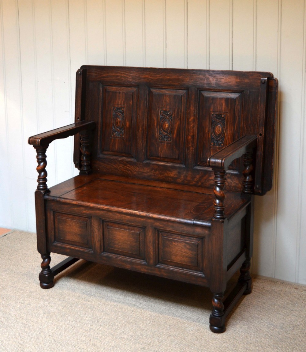 Carved Oak Monks Bench