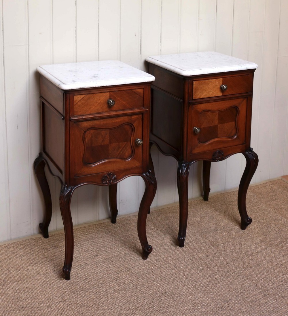 Pair Of Walnut Marble Top Bedside Cabinets 