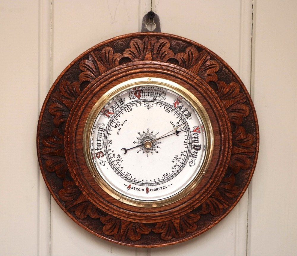 Edwardian Carved Circular Oak Barometer