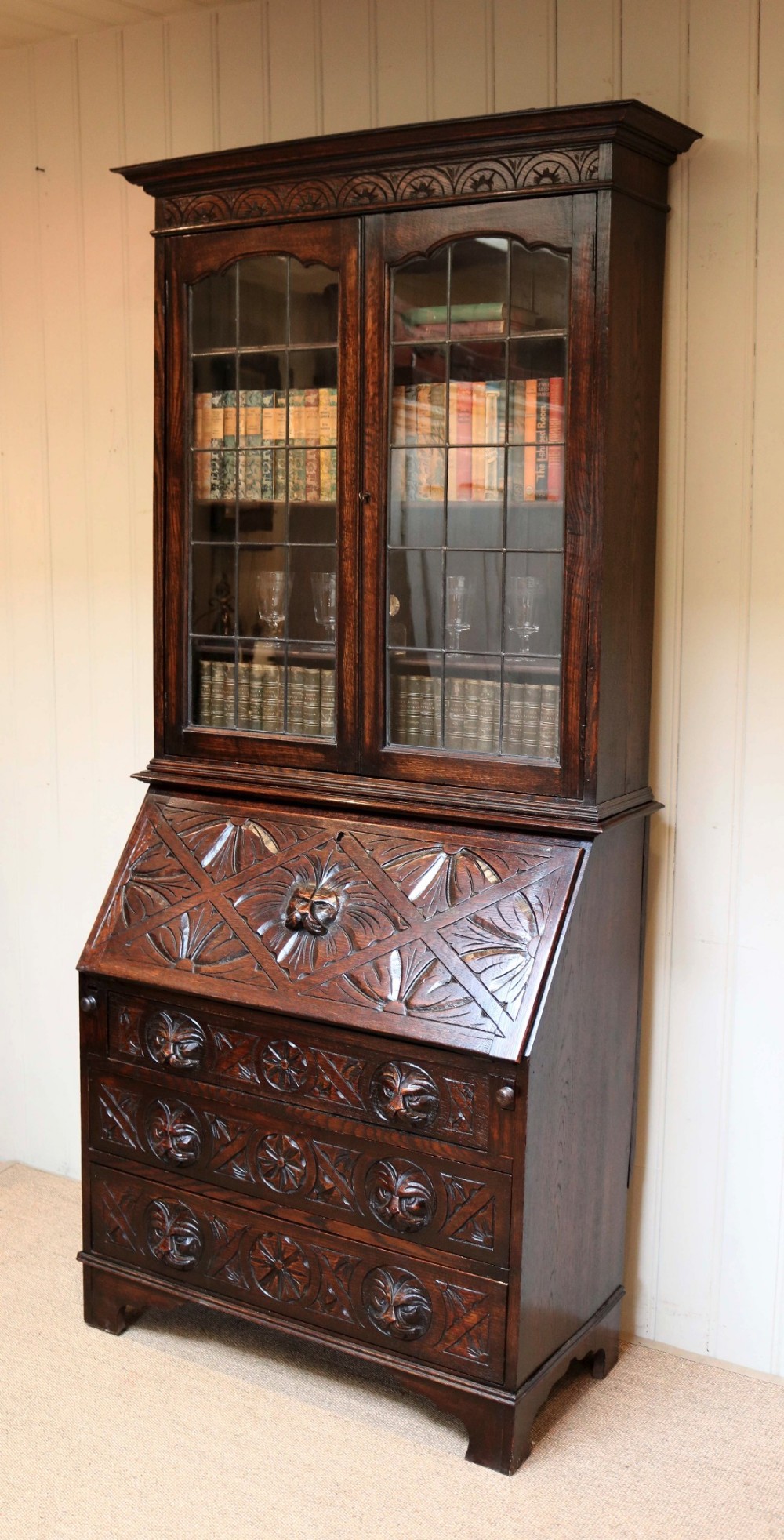 Carved Oak Green Man Bureau Bookcase
