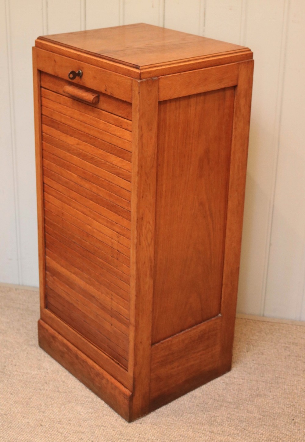 Small French Oak Tambour Front Filing Cabinet