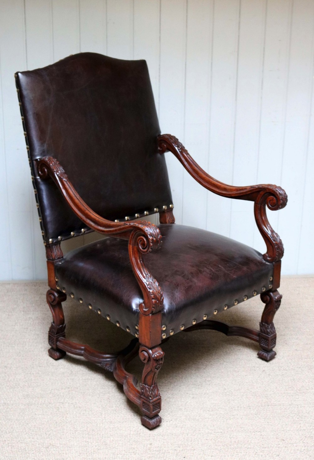 French Carved Wooden Leather Chair