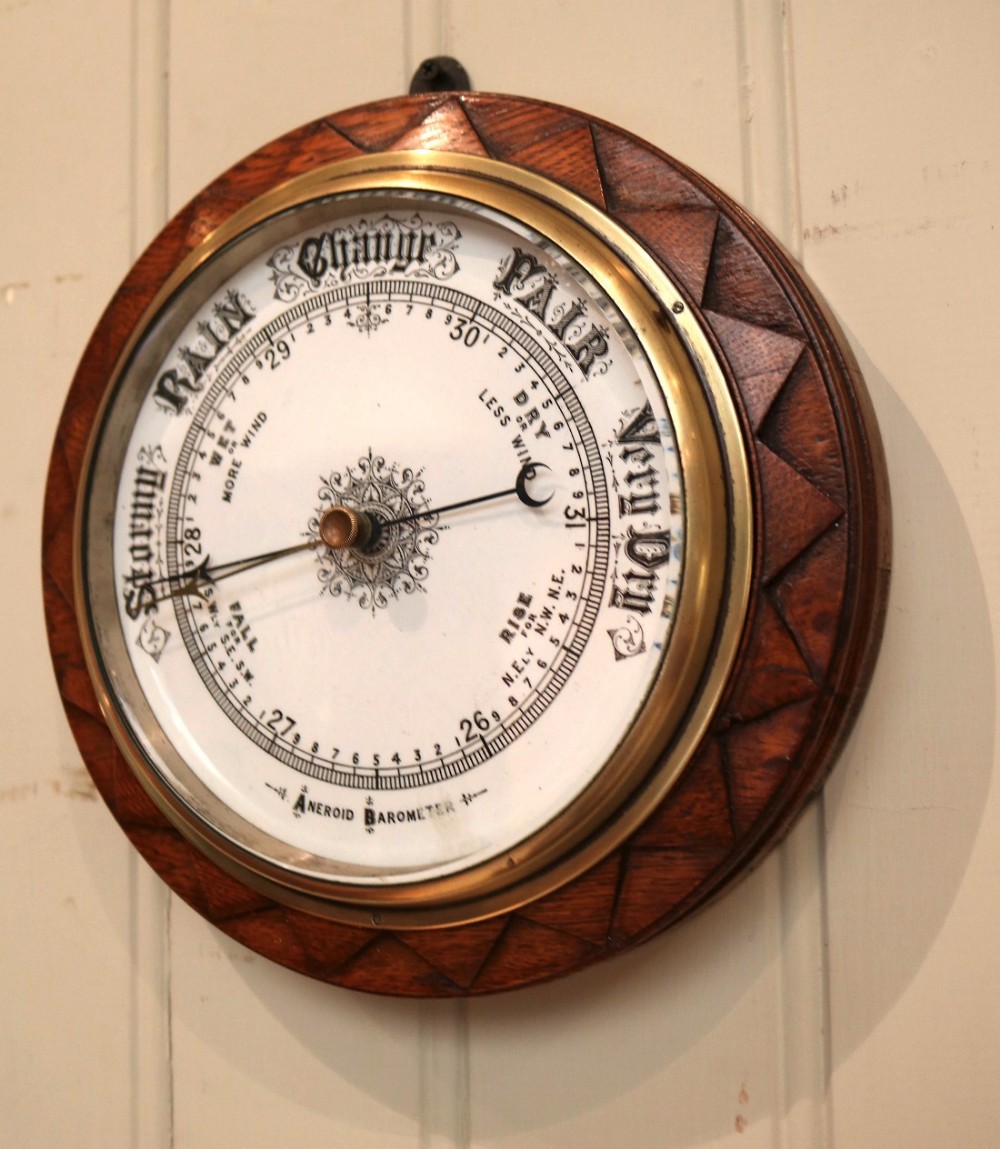 Circular Oak Aneroid Barometer