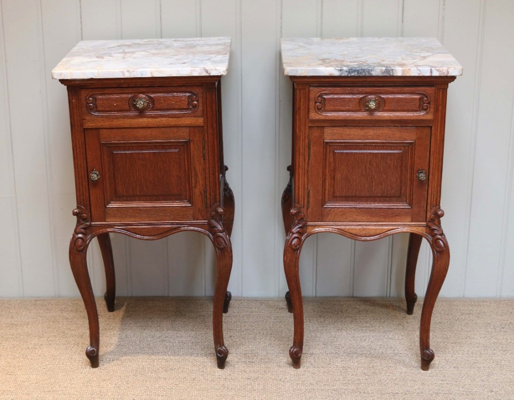 Pair Of French Oak Marble Top Bedside Cabinets