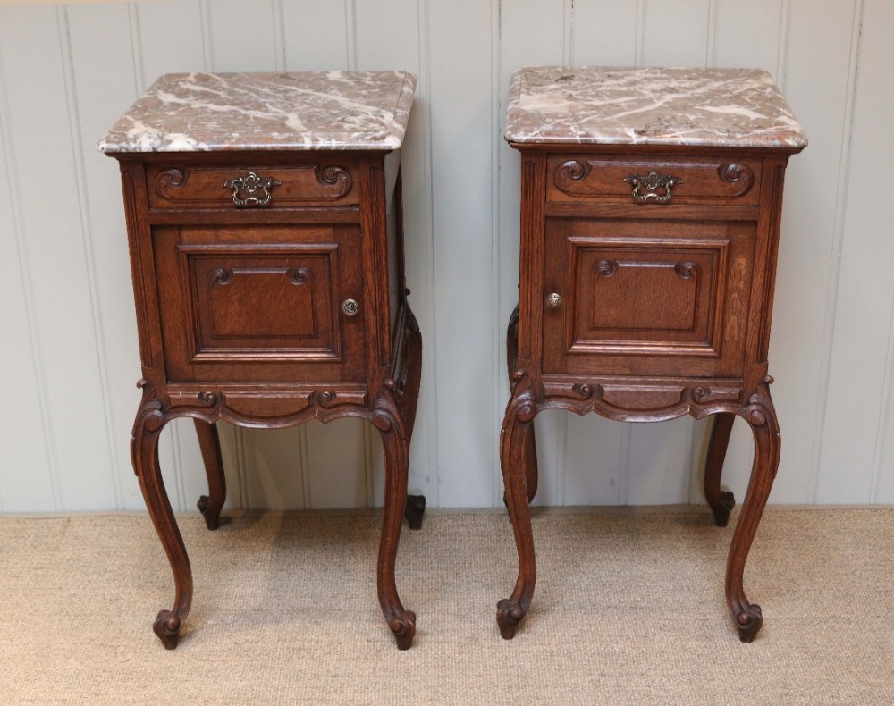 Pair Of French Oak Marble Top Bedside Cabinets 