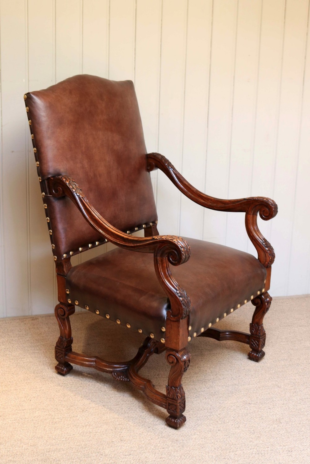 French Carved Wooden Leather Chair 