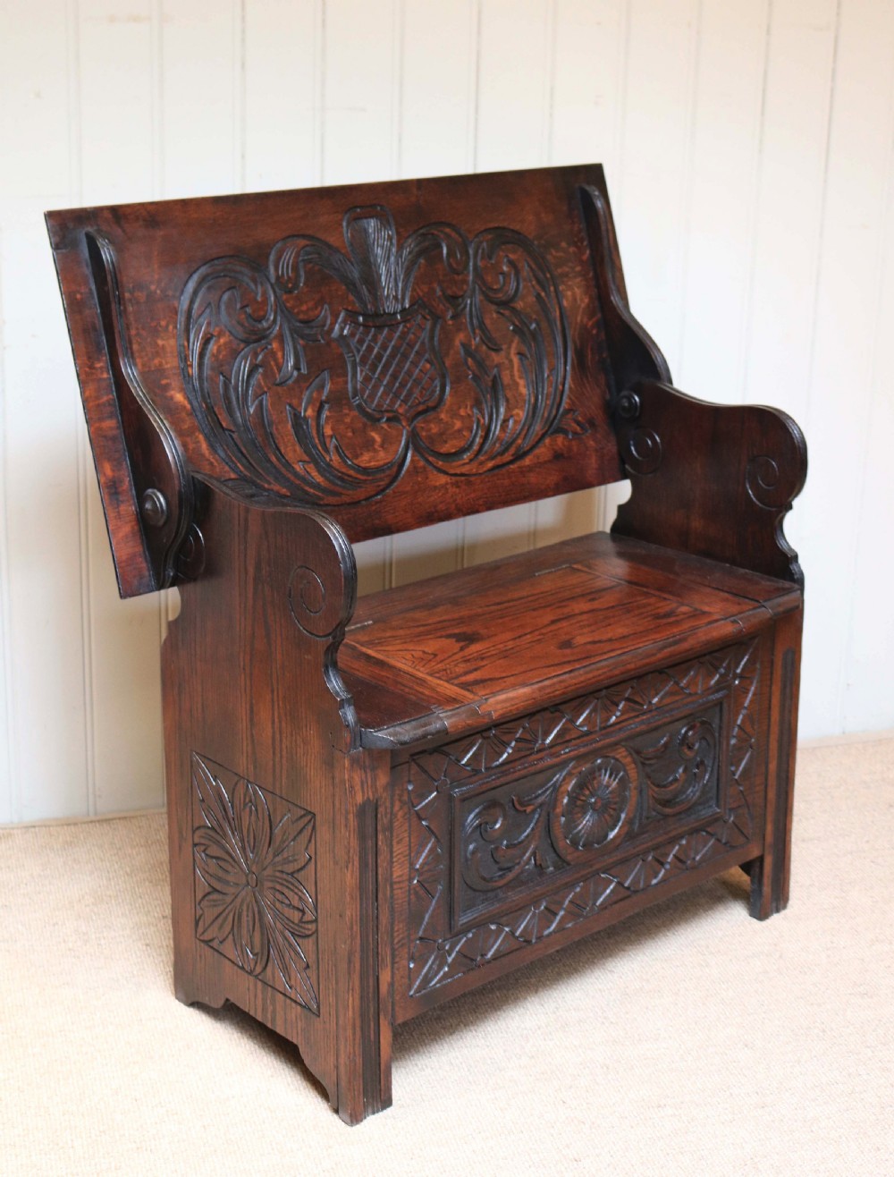Carved Oak Monks Bench 