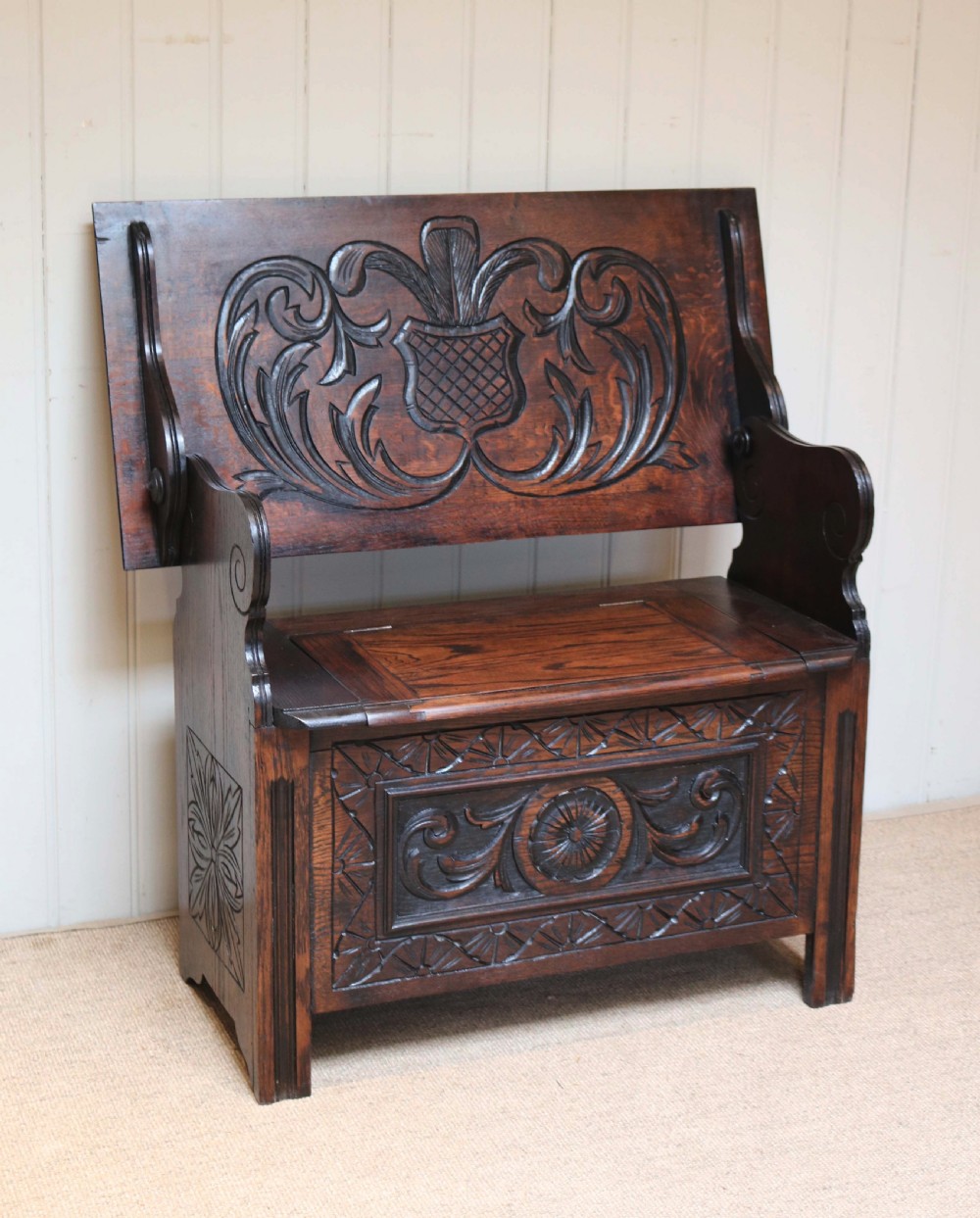 Carved Oak Monks Bench  View II