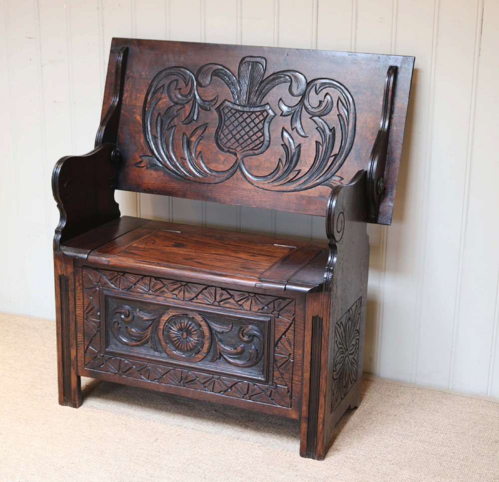 Carved Oak Monks Bench  View III
