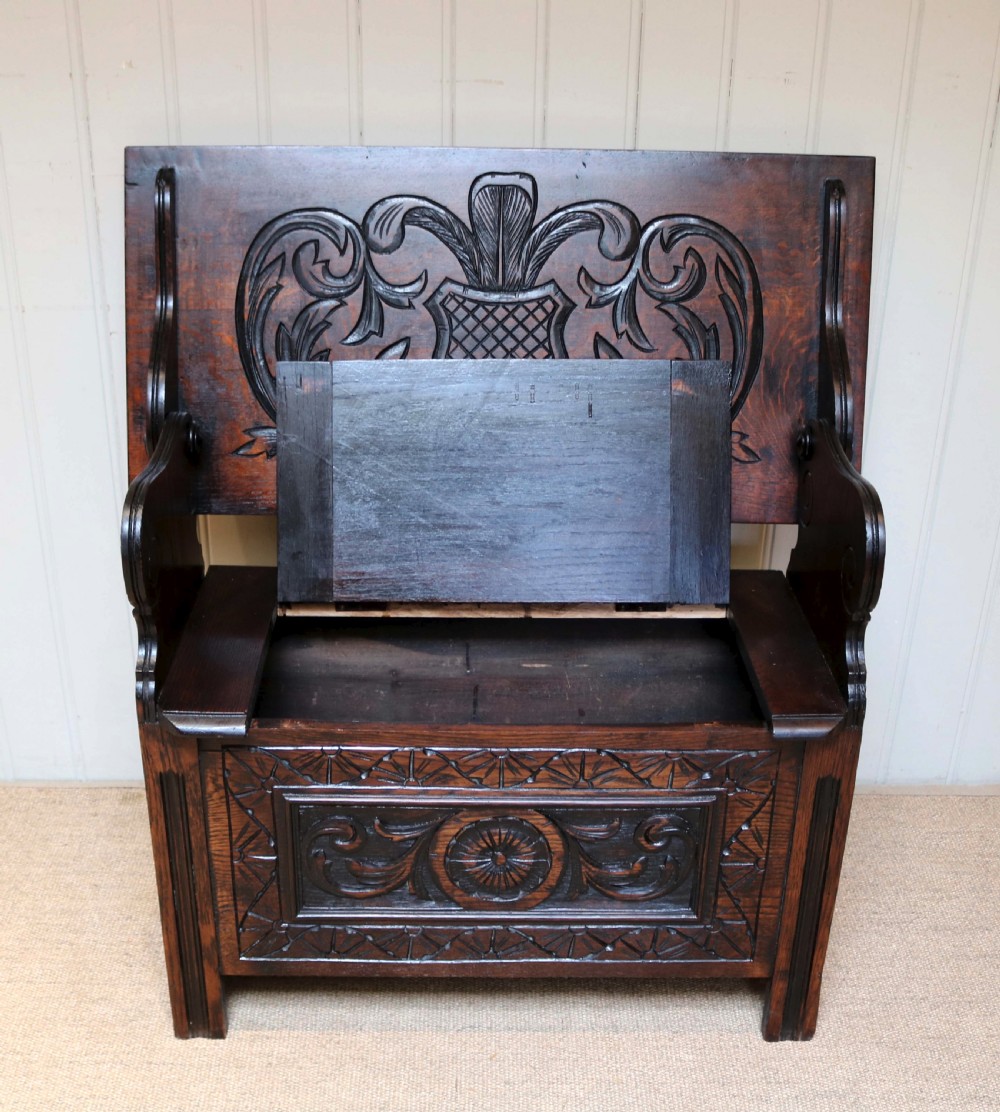 Carved Oak Monks Bench  View IV