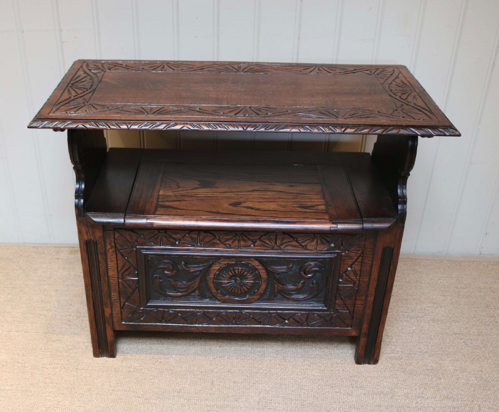 Carved Oak Monks Bench  View V
