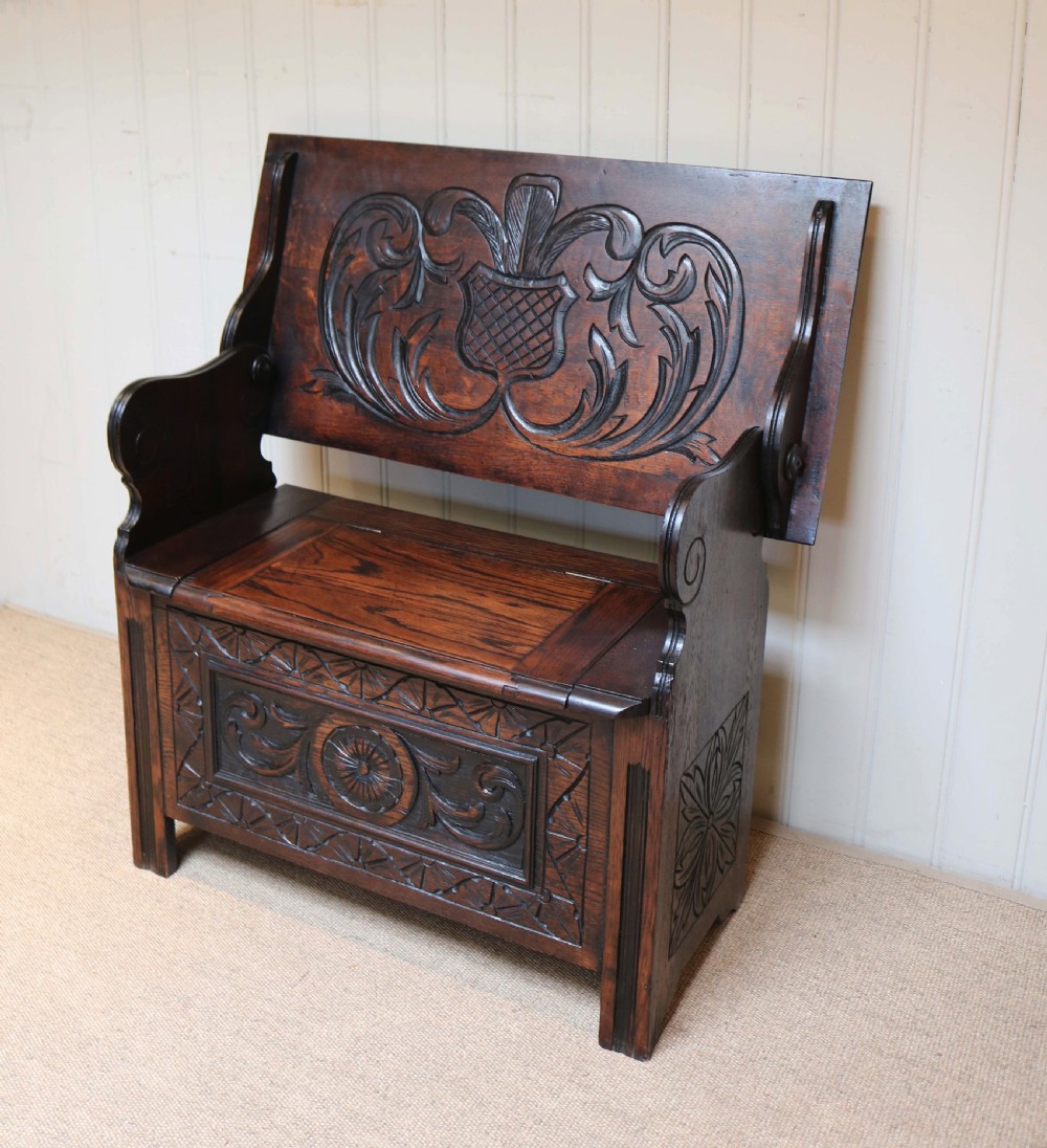 Carved Oak Monks Bench  View VII