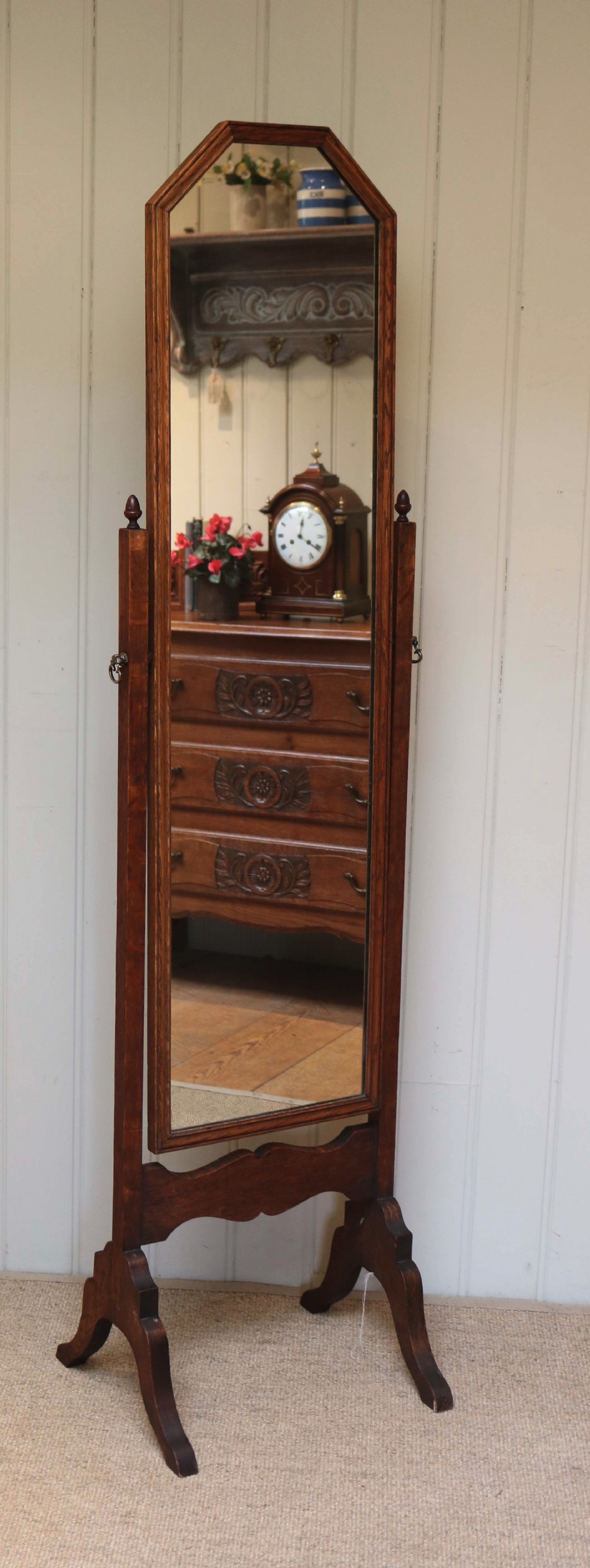 Edwardian Oak Framed Cheval Mirror