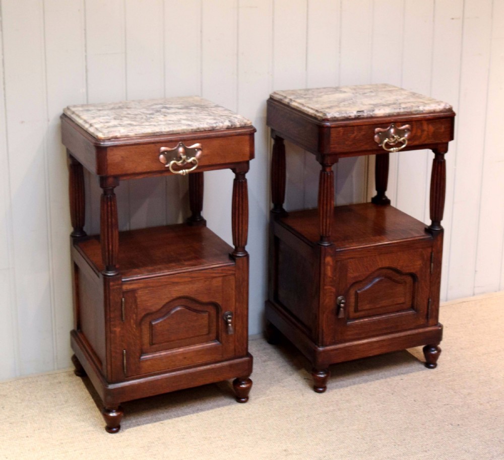 Pair Of Oak Arts And Crafts Marble Top Bedside Cabinets 