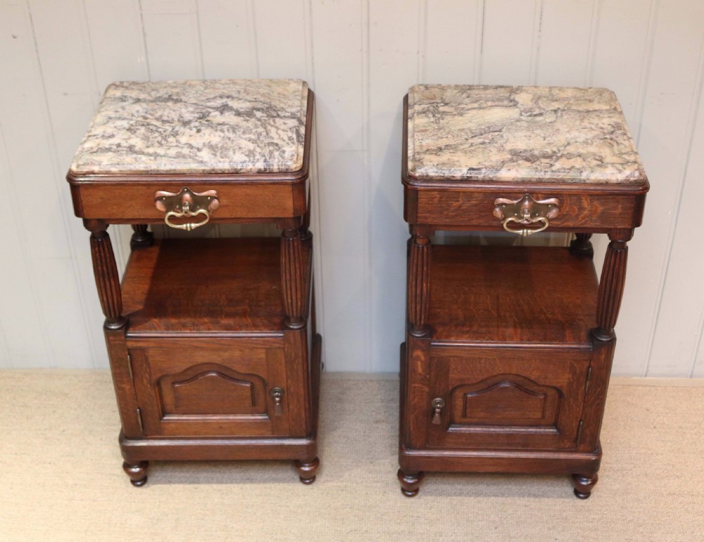 Pair Of Oak Arts And Crafts Marble Top Bedside Cabinets  View II