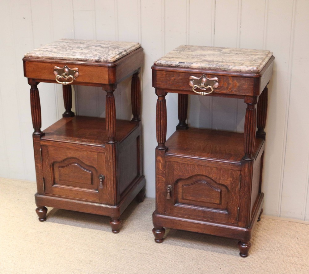 Pair Of Oak Arts And Crafts Marble Top Bedside Cabinets  View III