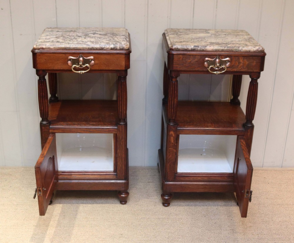 Pair Of Oak Arts And Crafts Marble Top Bedside Cabinets  View IV