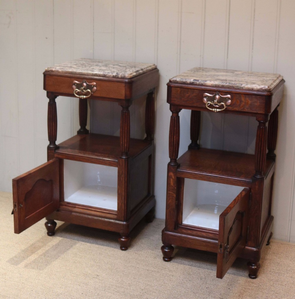 Pair Of Oak Arts And Crafts Marble Top Bedside Cabinets  View V