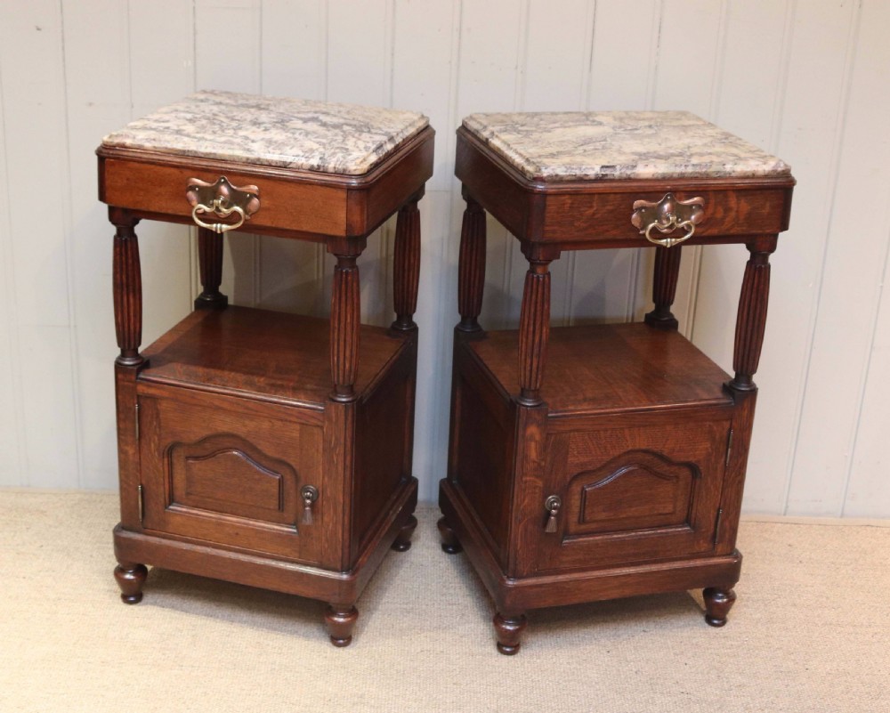 Pair Of Oak Arts And Crafts Marble Top Bedside Cabinets  View VI