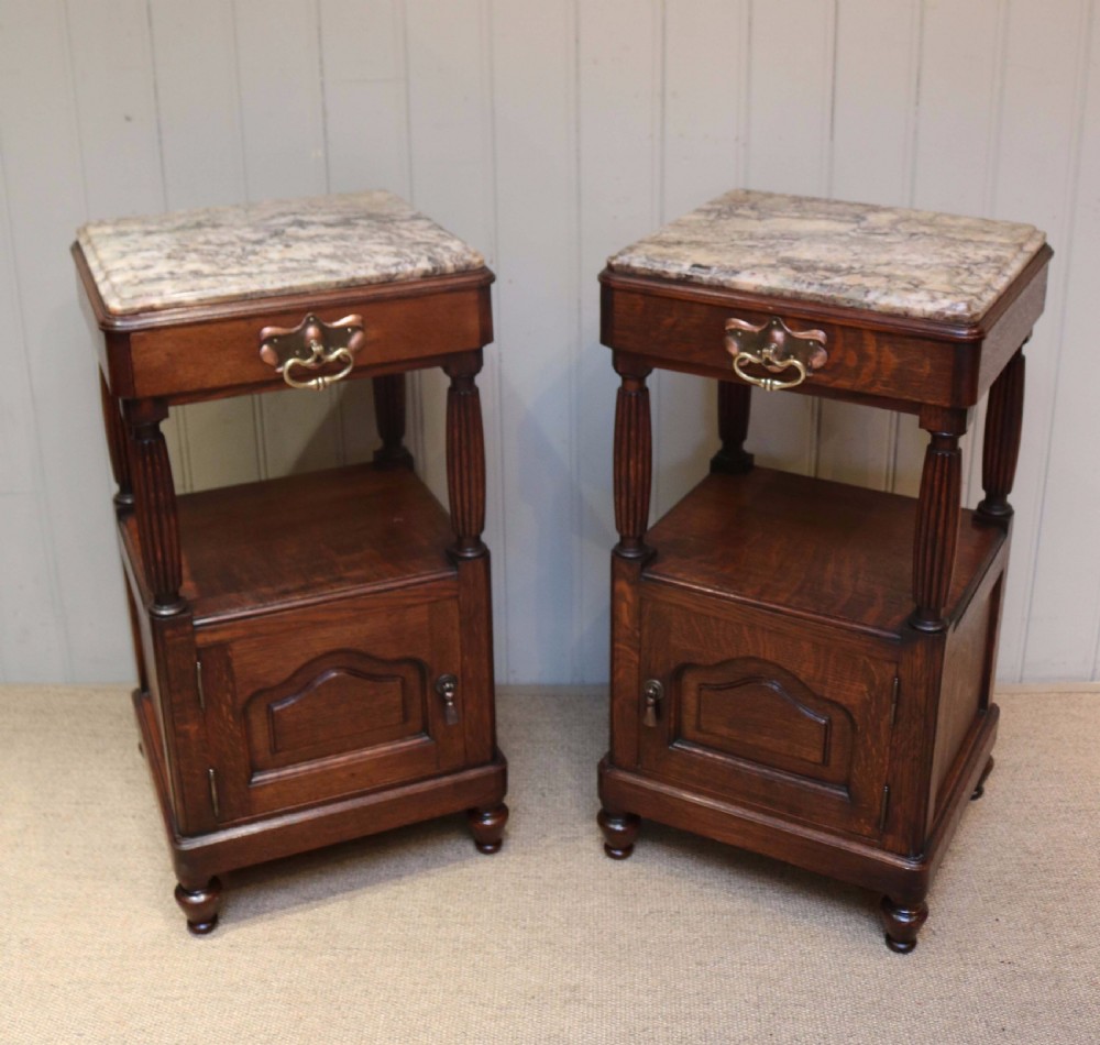 Pair Of Oak Arts And Crafts Marble Top Bedside Cabinets  View VII