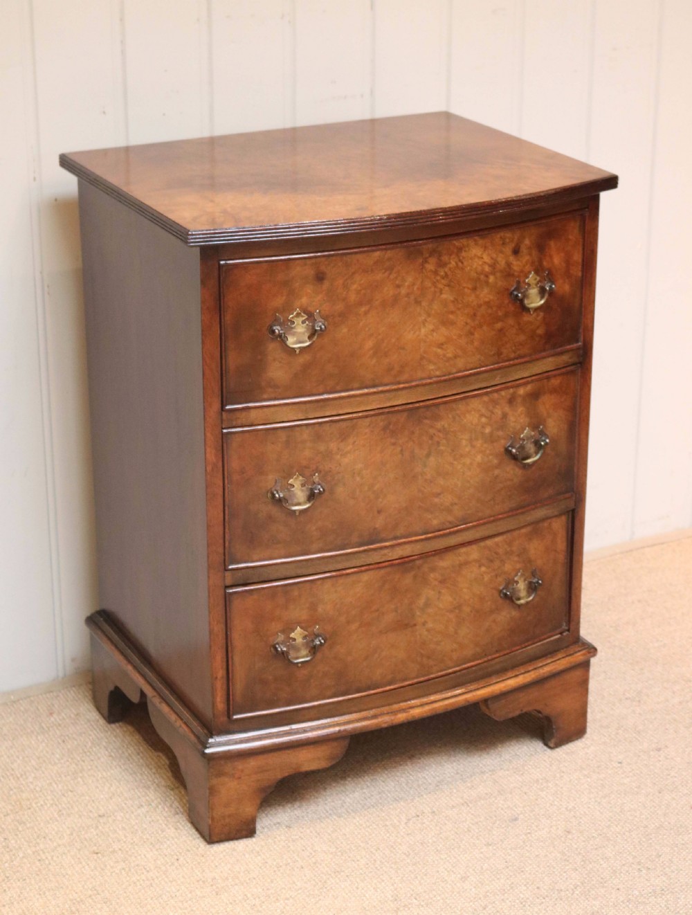 Small Proportioned Burr Walnut Bow Front Chest Of Drawers  View II