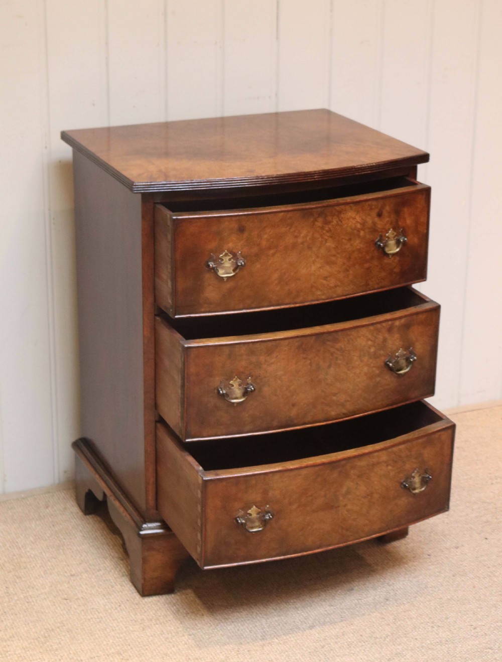 Small Proportioned Burr Walnut Bow Front Chest Of Drawers  View III