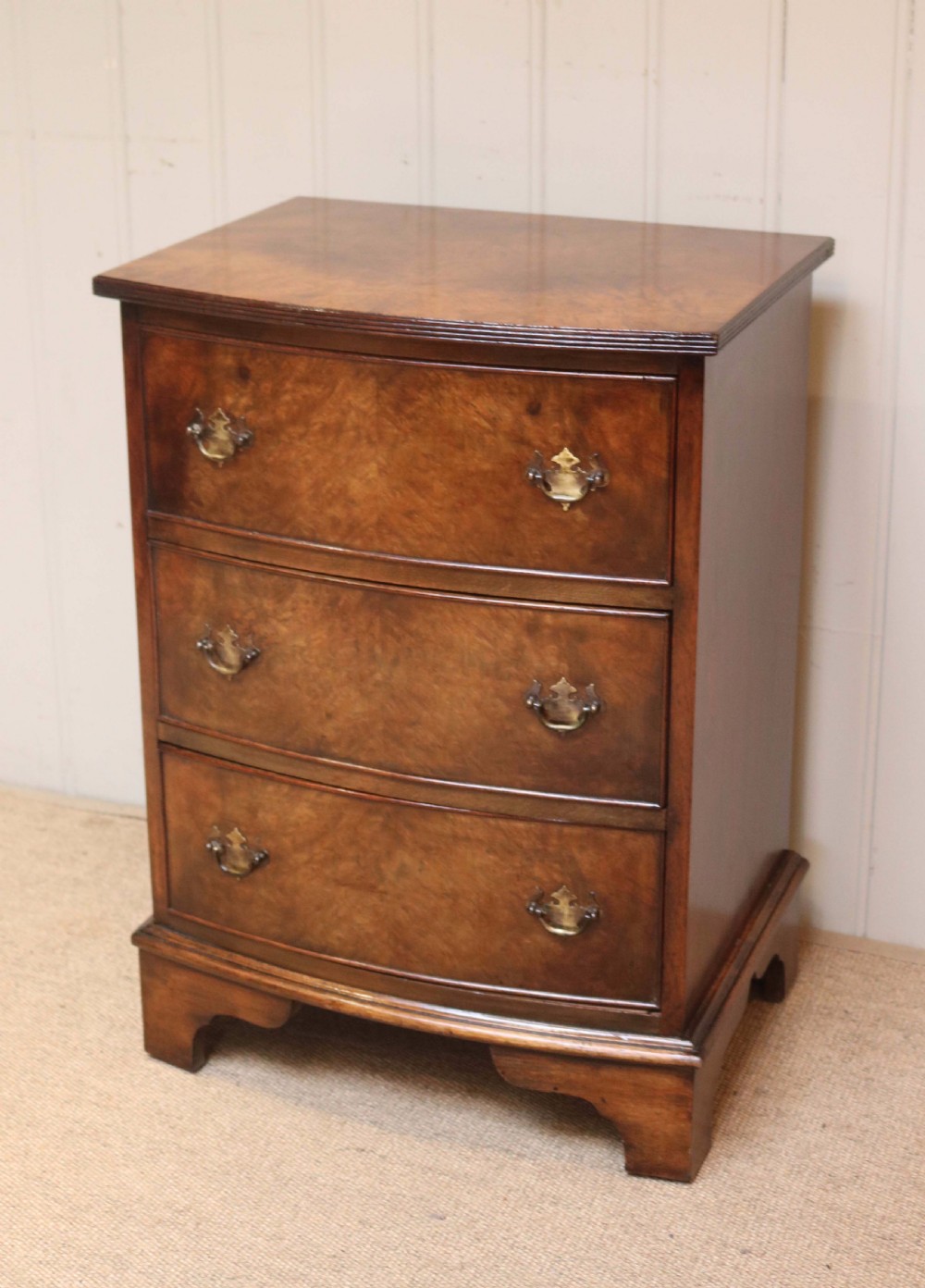 Small Proportioned Burr Walnut Bow Front Chest Of Drawers  View IV
