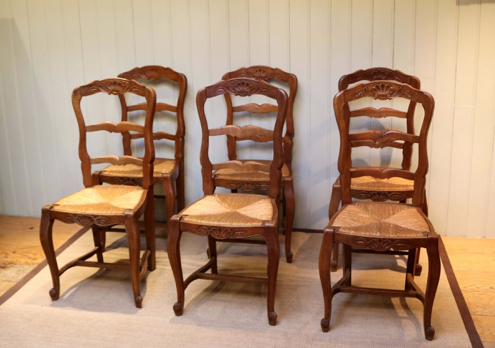 Set Of Six French Cherry Wood Dining Chairs