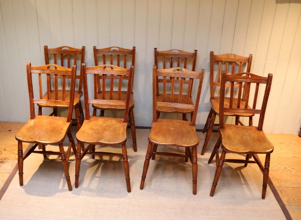 Set Of Eight Beech And Elm Dining Chairs