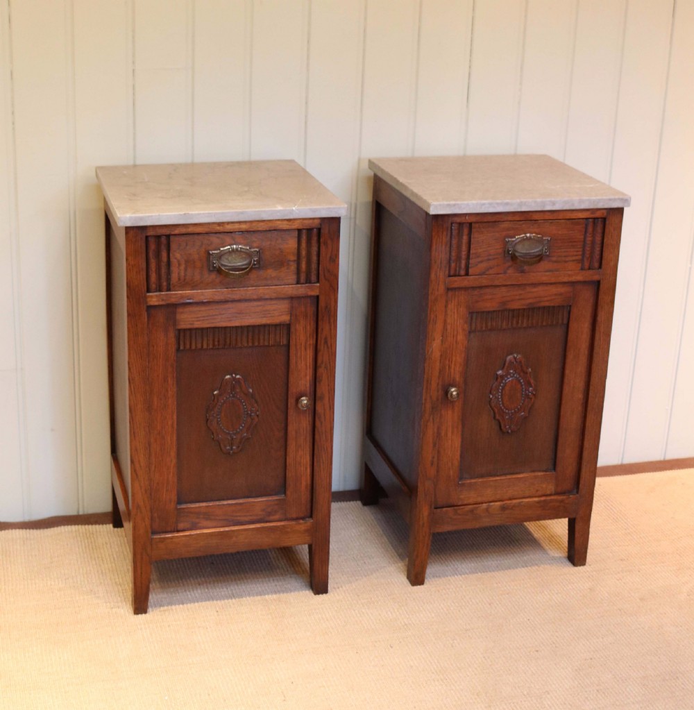 Pair Of French Oak Marble Top Bedside Cabinets 