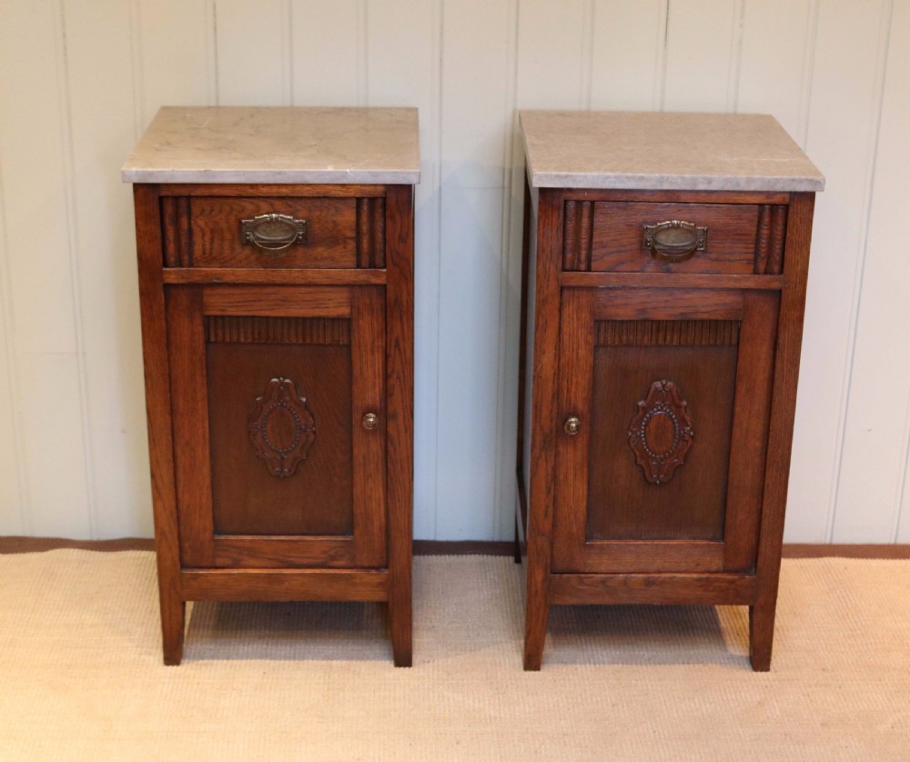 Pair Of French Oak Marble Top Bedside Cabinets  View II