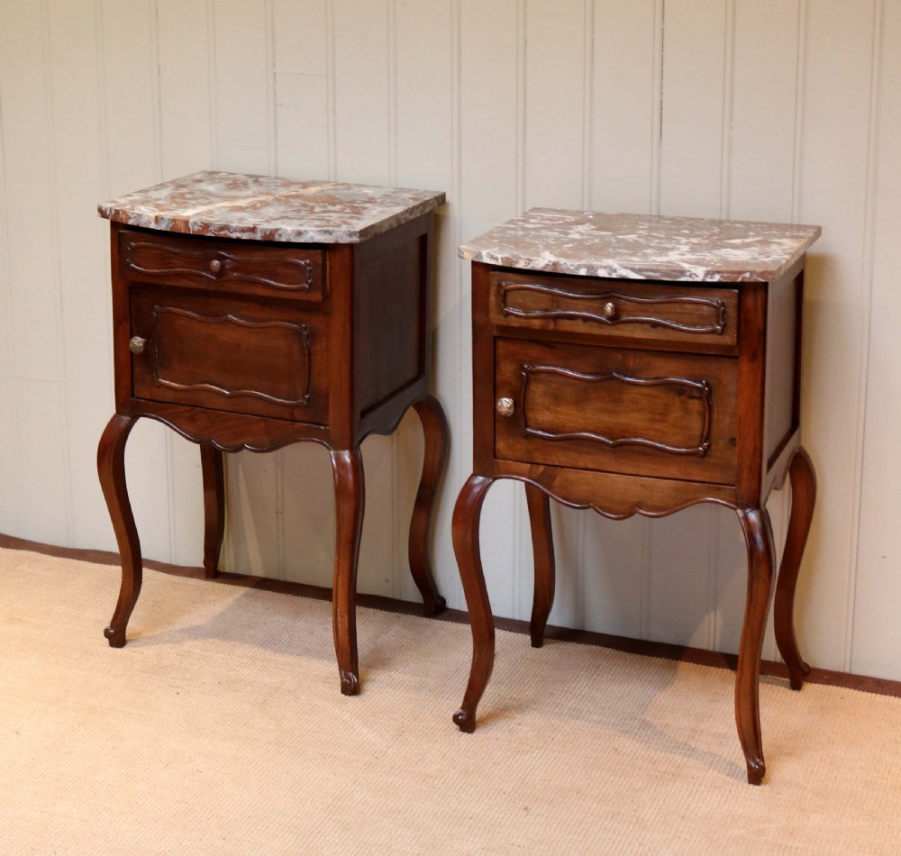 Pair Of Marble Top Walnut Bedside Cabinets