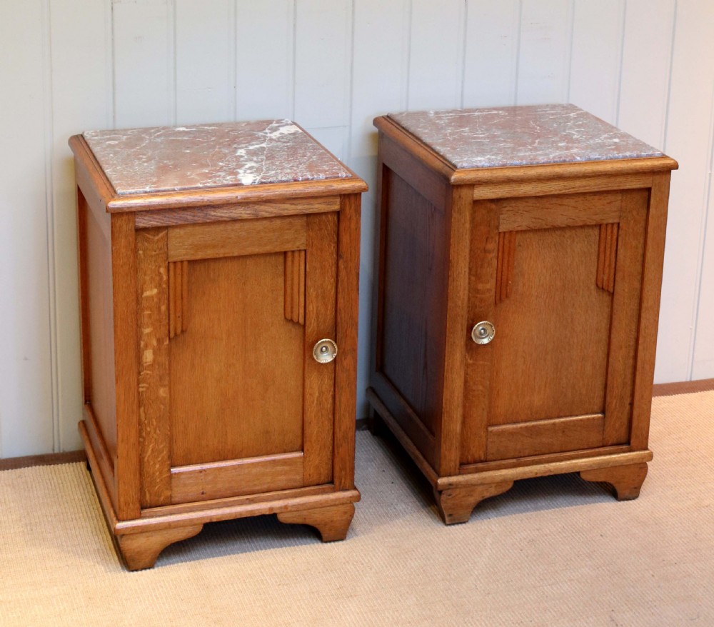 Pair of Oak Marble Top Bedside Cabinets 
