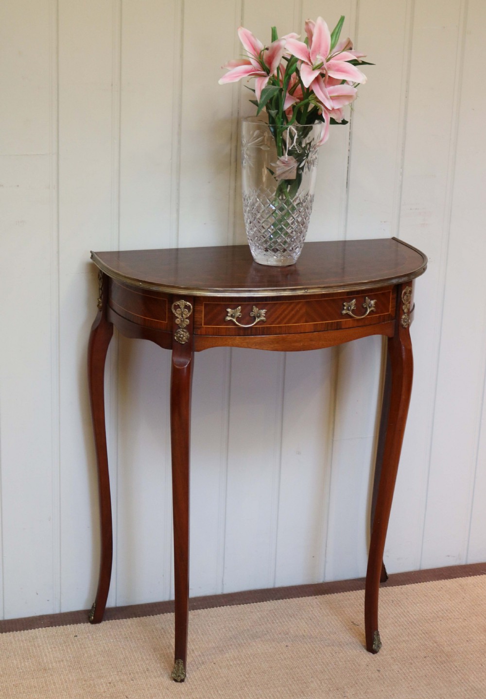 French Mahogany Parquetry Demi Lune Table View II